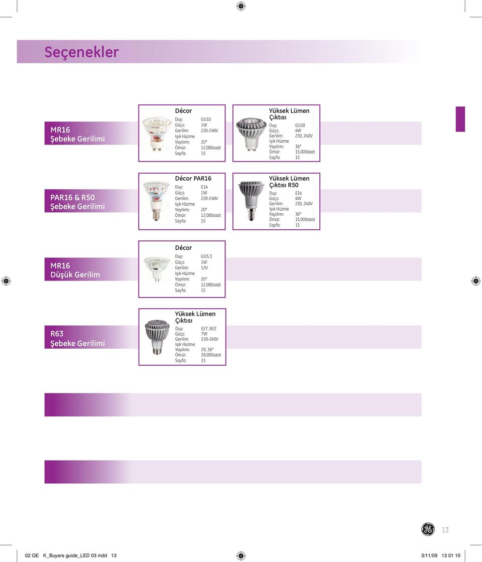 : E14 Güçs: 4W Gerilim: 230, 240V Işık Hüzme Yayılımı: 36 Ömür: 15,000saat Sayfa: 15 MR16 Düşük Gerilim Décor : GU5.