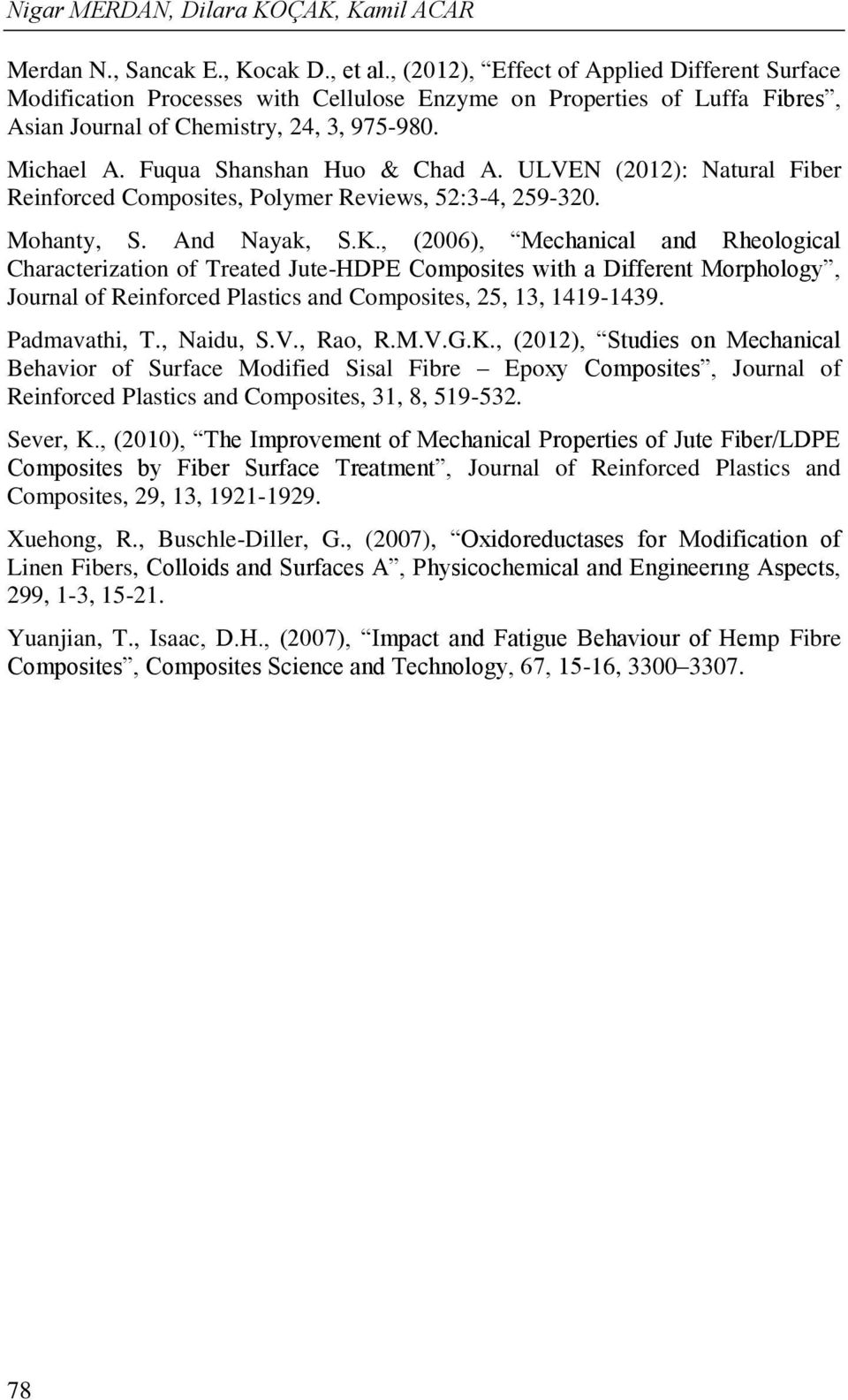 Fuqua Shanshan Huo & Chad A. ULVEN (2012): Natural Fiber Reinforced Composites, Polymer Reviews, 52:3-4, 259-320. Mohanty, S. And Nayak, S.K.