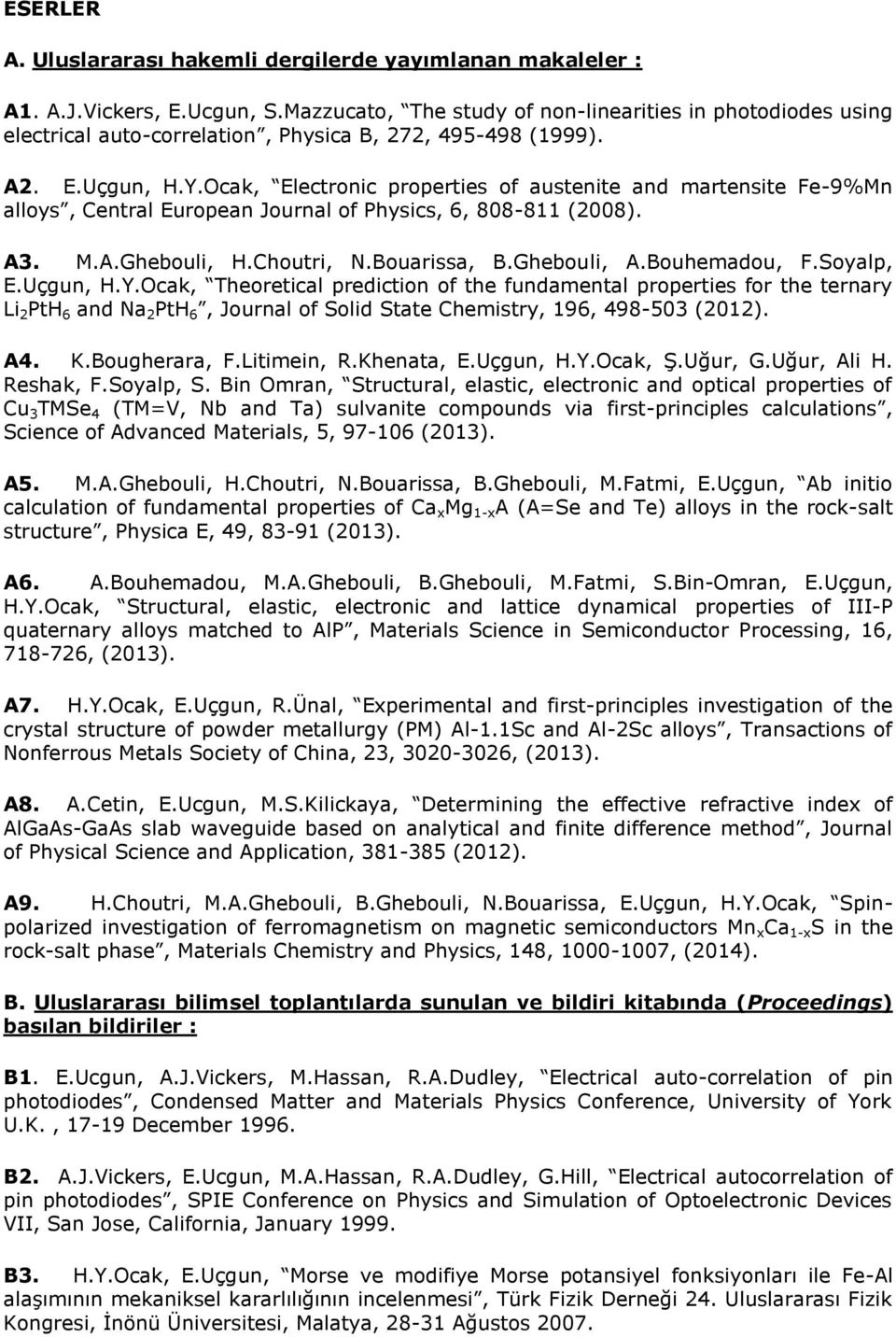 Ocak, Electronic properties of austenite and martensite Fe-9%Mn alloys, Central European Journal of Physics, 6, 808-811 (2008). A3. M.A.Ghebouli, H.Choutri, N.Bouarissa, B.Ghebouli, A.Bouhemadou, F.