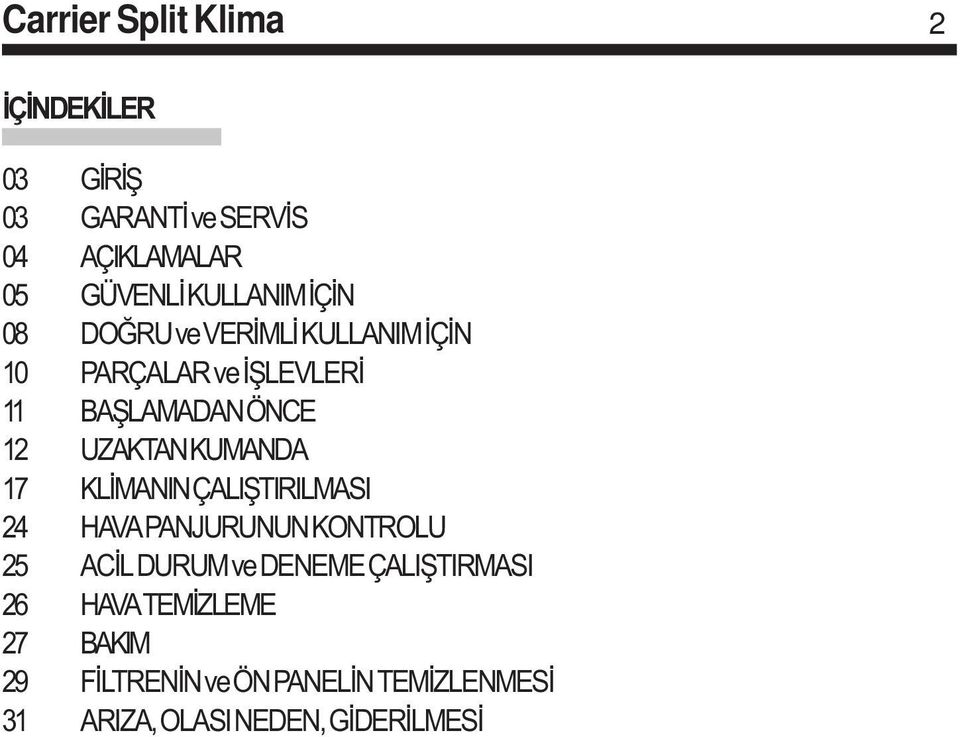 KLÝMANIN ÇALIÞTIRILMASI 24 HAVA PANJURUNUN KONTROLU 25 ACÝL DURUM ve DENEME ÇALIÞTIRMASI 26