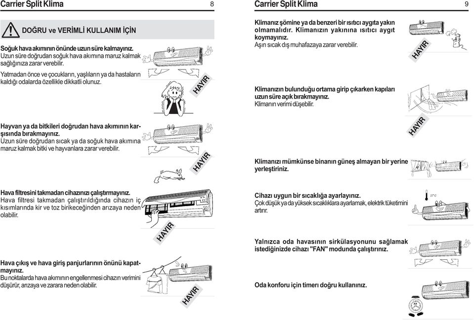 Yatmadan önce ve çocuklarýn, yaþlýlarýn ya da hastalarýn kaldýðý odalarda özellikle dikkatli olunuz. Klimanýzýn bulunduðu ortama girip çýkarken kapýlarý uzun süre açýk býrakmayýnýz.