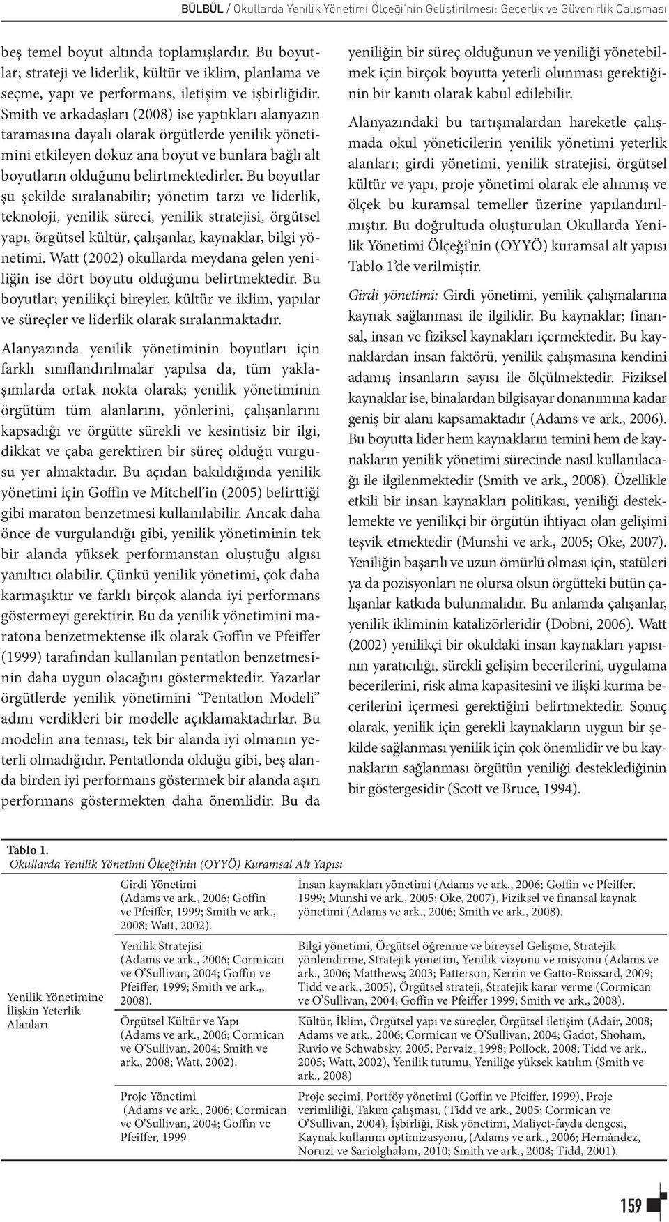 Smith ve arkadaşları (2008) ise yaptıkları alanyazın taramasına dayalı olarak örgütlerde yenilik yönetimini etkileyen dokuz ana boyut ve bunlara bağlı alt boyutların olduğunu belirtmektedirler.