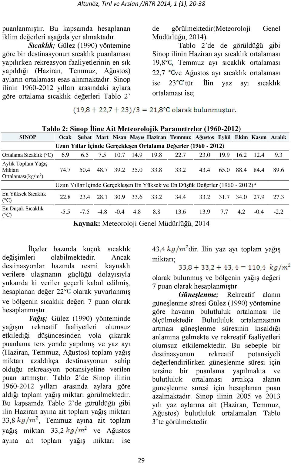 Sinop ilinin 1960-2012 yılları arasındaki aylara göre ortalama sıcaklık değerleri Tablo 2 de görülmektedir(meteoroloji Genel Müdürlüğü, 2014).