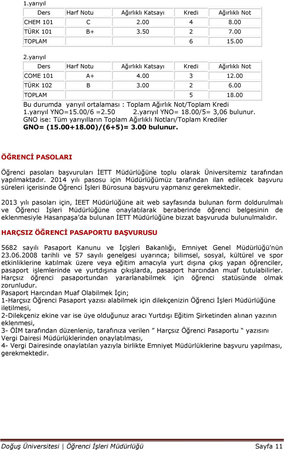 yarıyıl YNO=15.00/6 =2.50 2.yarıyıl YNO= 18.00/5= 3,06 bulunur. GNO ise: Tüm yarıyılların Toplam Ağırlıklı Notları/Toplam Krediler GNO= (15.00+18.00)/(6+5)= 3.00 bulunur.