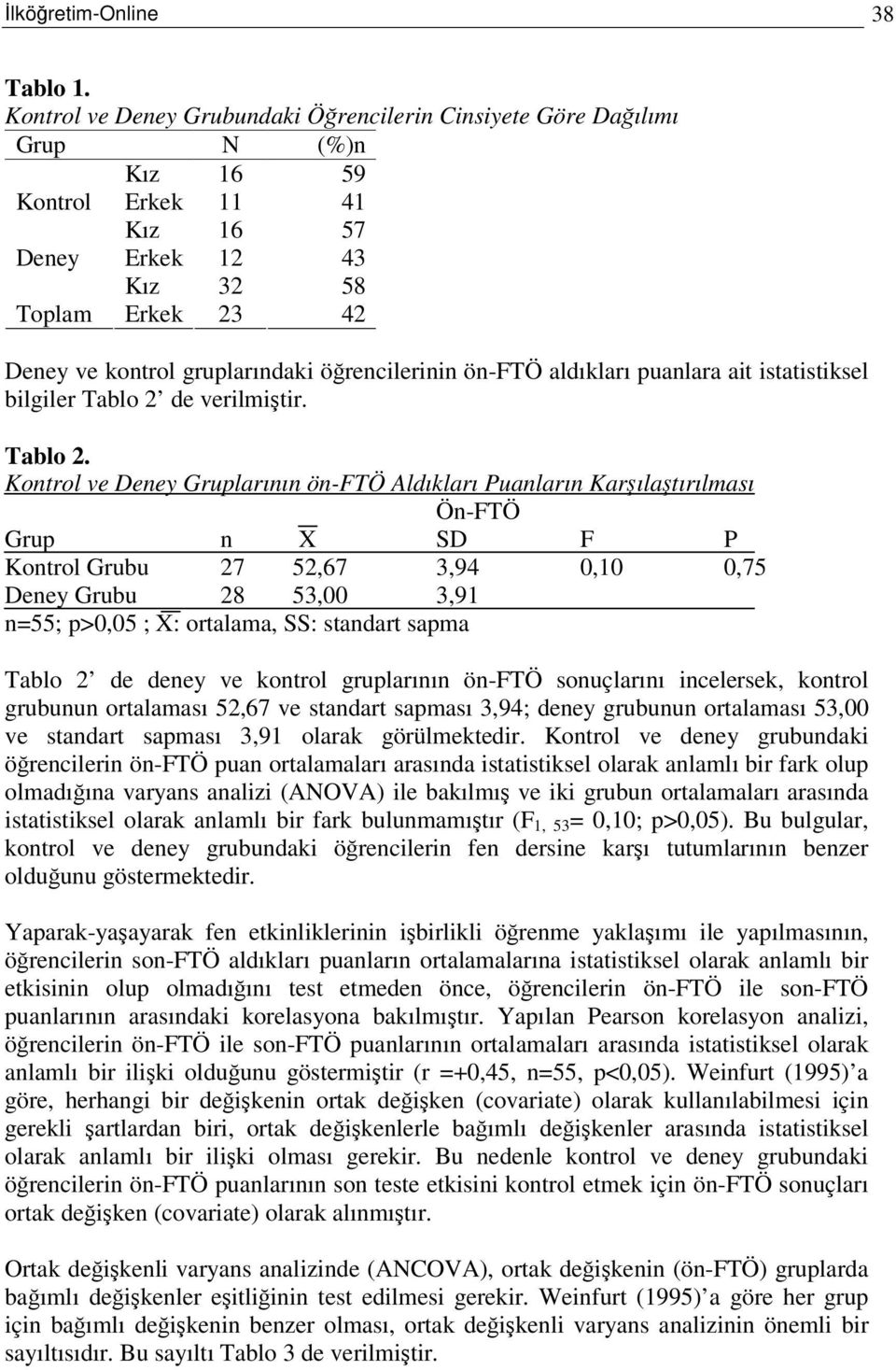 örencilerinin ön-ftö aldıkları puanlara ait istatistiksel bilgiler Tablo 2 