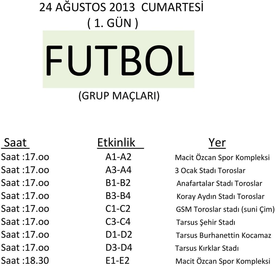 oo B1-B2 Anafartalar Stadı Toroslar Saat :17.oo B3-B4 Koray Aydın Stadı Toroslar Saat :17.