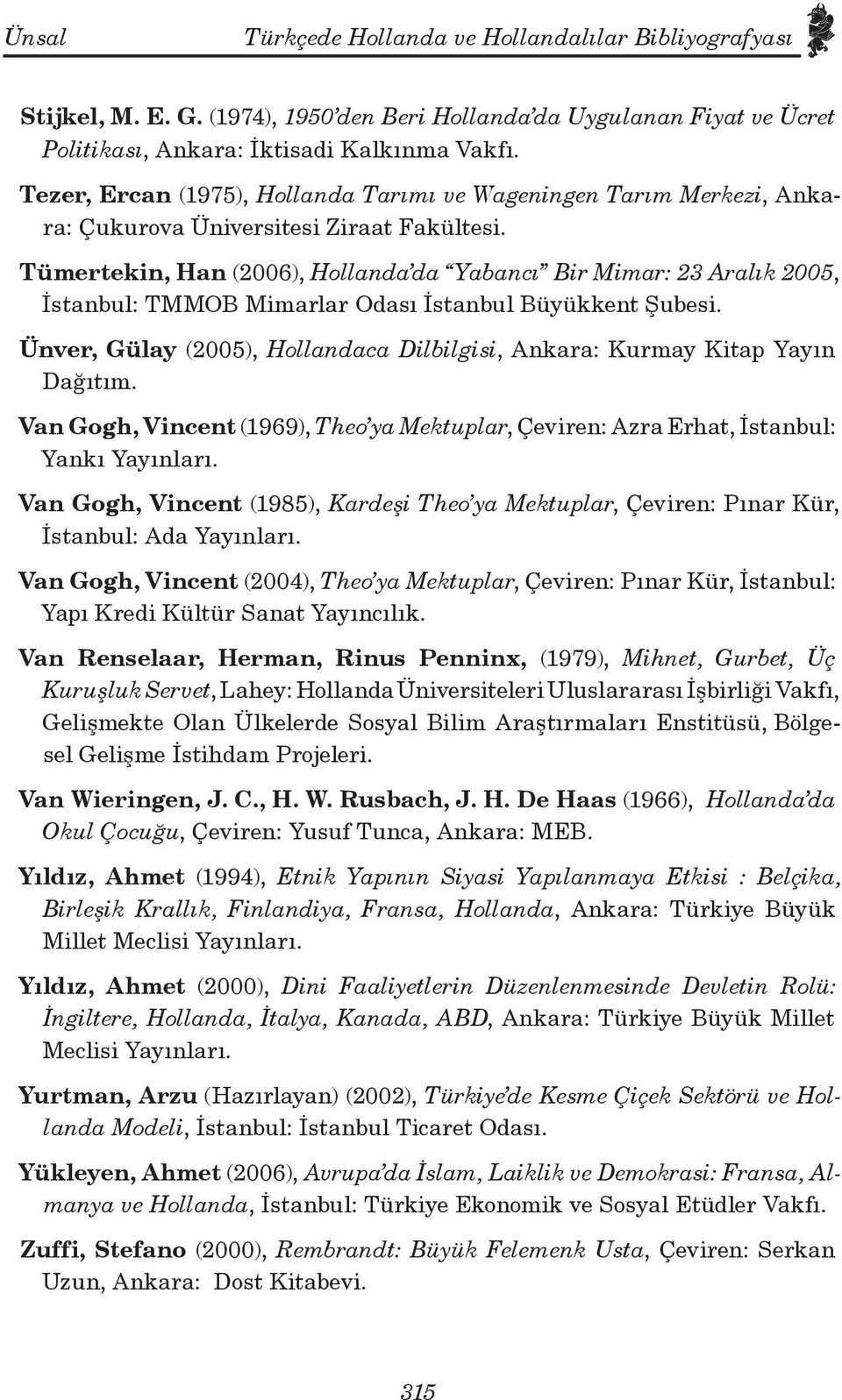 Tümertekin, Han (2006), Hollanda da Yabancı Bir Mimar: 23 Aralık 2005, İstanbul: TMMOB Mimarlar Odası İstanbul Büyükkent Şubesi.