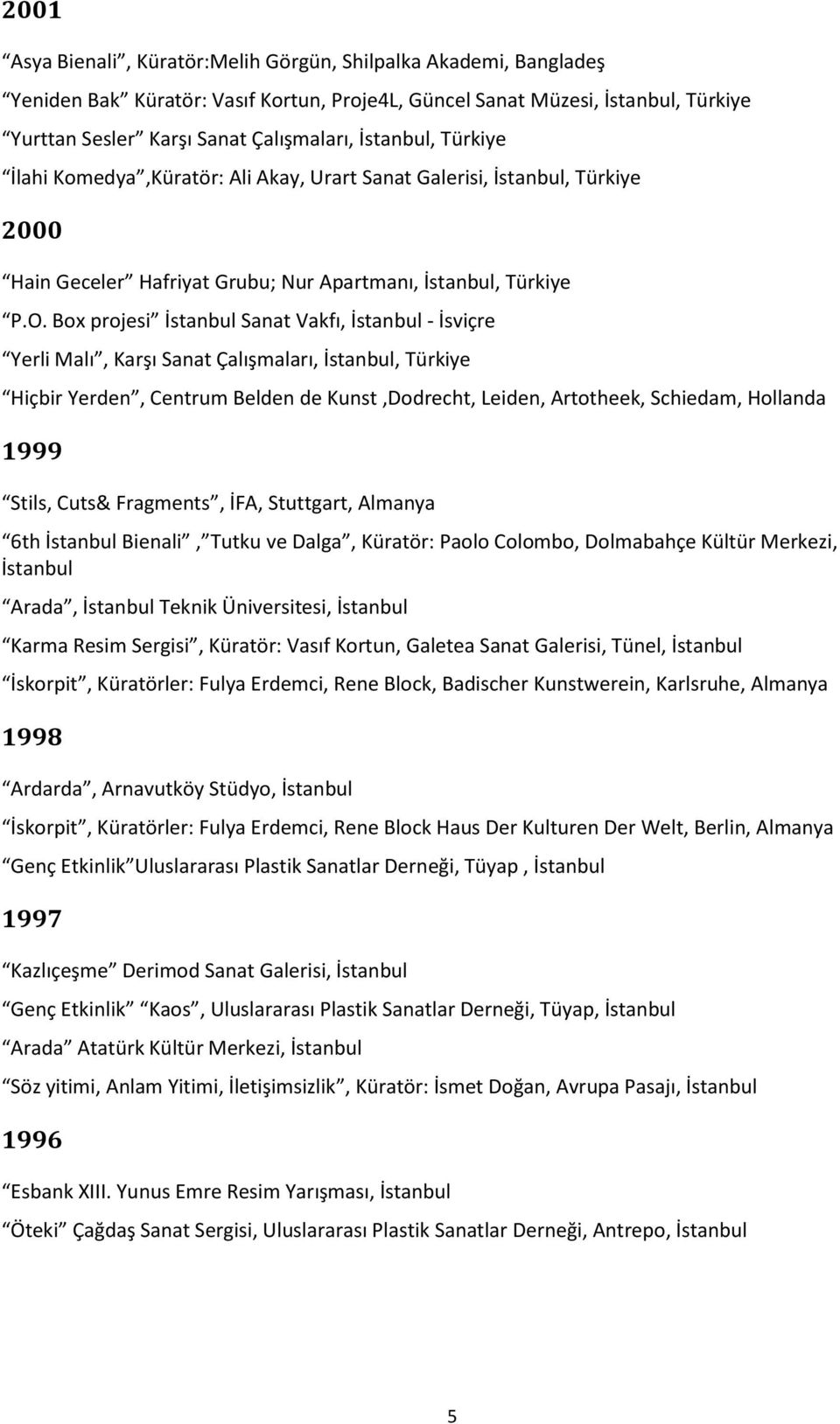 Box projesi İstanbul Sanat Vakfı, İstanbul - İsviçre Yerli Malı, Karşı Sanat Çalışmaları, İstanbul, Türkiye Hiçbir Yerden, Centrum Belden de Kunst,Dodrecht, Leiden, Artotheek, Schiedam, Hollanda 1999