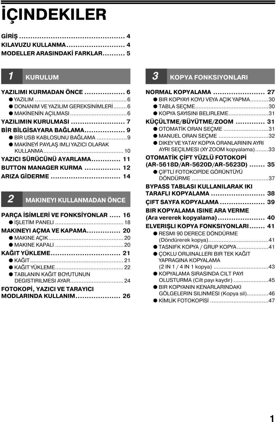 .. ARIZA GİDERME... MAKINEYI KULLANMADAN ÖNCE PARÇA İSİMLERİ VE FONKSİYONLAR... 6 İŞLETİM PANELI... 8 MAKINEYI AÇMA VE KAPAMA... 0 MAKINE AÇIK... 0 MAKINE KAPALI... 0 KAĞIT YÜKLEME.