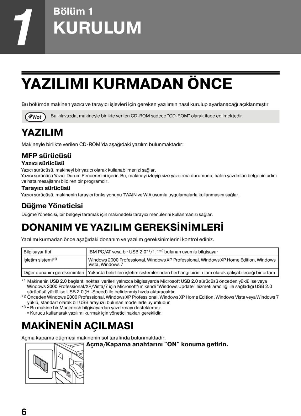 YAZILIM Makineyle birlikte verilen CD-ROM da aşağıdaki yazılım bulunmaktadır: MFP sürücüsü Yazıcı sürücüsü Yazıcı sürücüsü, makineyi bir yazıcı olarak kullanabilmenizi sağlar.