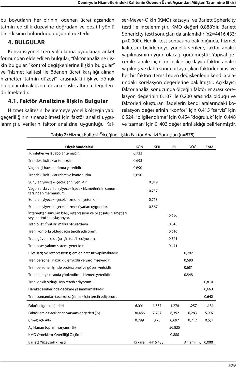 BULGULAR Konvansiyonel tren yolcularına uygulanan anket formundan elde edilen bulgular; faktör analizine ilişkin bulgular, kontrol değişkenlerine ilişkin bulgular ve hizmet kalitesi ile ödenen ücret