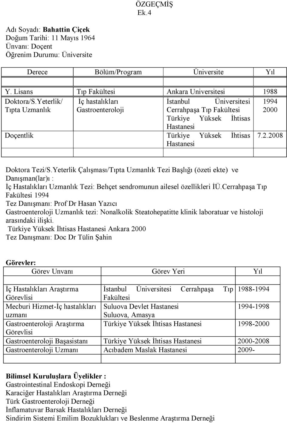 Yeterlik/ İç hastalıkları İstanbul Üniversitesi 1994 Tıpta Uzmanlık Gastroenteroloji Cerrahpaşa Tıp Fakültesi 2000 Türkiye Yüksek İhtisas Hastanesi Doçentlik Türkiye Yüksek İhtisas 7.2.2008 Hastanesi Doktora Tezi/S.