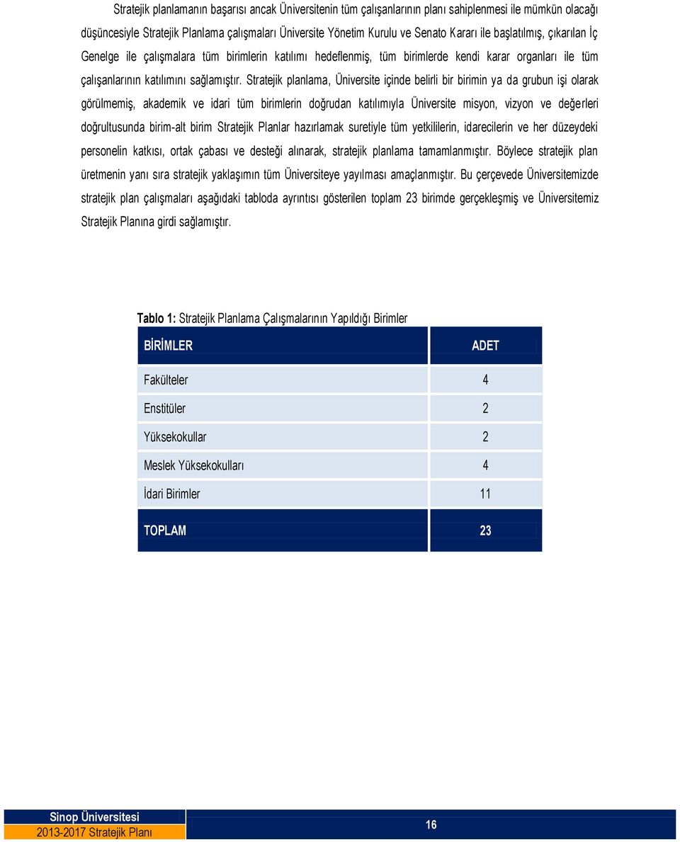 Stratejik planlama, Üniversite içinde belirli bir birimin ya da grubun işi olarak görülmemiş, akademik ve idari tüm birimlerin doğrudan katılımıyla Üniversite misyon, vizyon ve değerleri