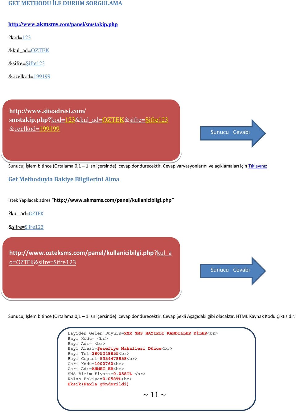 kod=123&kul_ad=oztek&sifre=şifre123 &ozelkod=199199 Sunucu Cevabı Sunucu; İşlem bitince (Ortalama 0,1 1 sn içersinde) cevap döndürecektir.