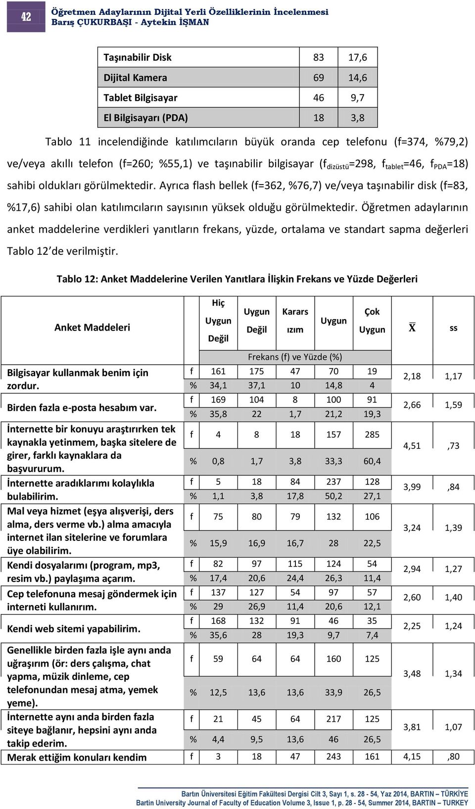 Ayrıca flash bellek (f=362, %76,7) ve/veya taşınabilir disk (f=83, %17,6) sahibi olan katılımcıların sayısının yüksek olduğu görülmektedir.