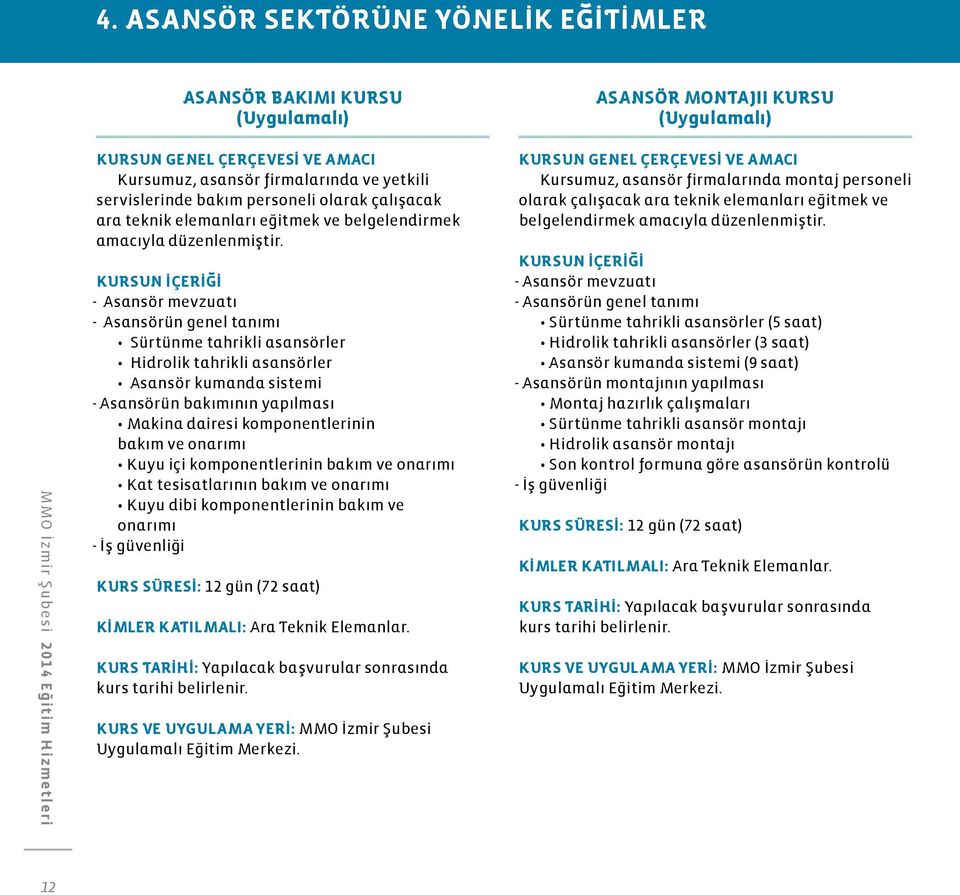 KURSUN İÇERİĞİ - Asansör mevzuatı - Asansörün genel tanımı Sürtünme tahrikli asansörler Hidrolik tahrikli asansörler Asansör kumanda sistemi - Asansörün bakımının yapılması Makina dairesi