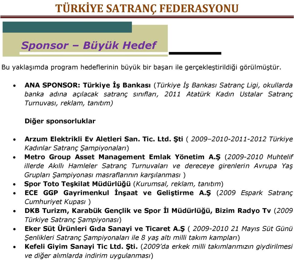 Arzum Elektrikli Ev Aletleri San. Tic. Ltd. Şti ( 2009 2010-2011-2012 Türkiye Kadınlar Satranç Şampiyonaları) Metro Group Asset Management Emlak Yönetim A.