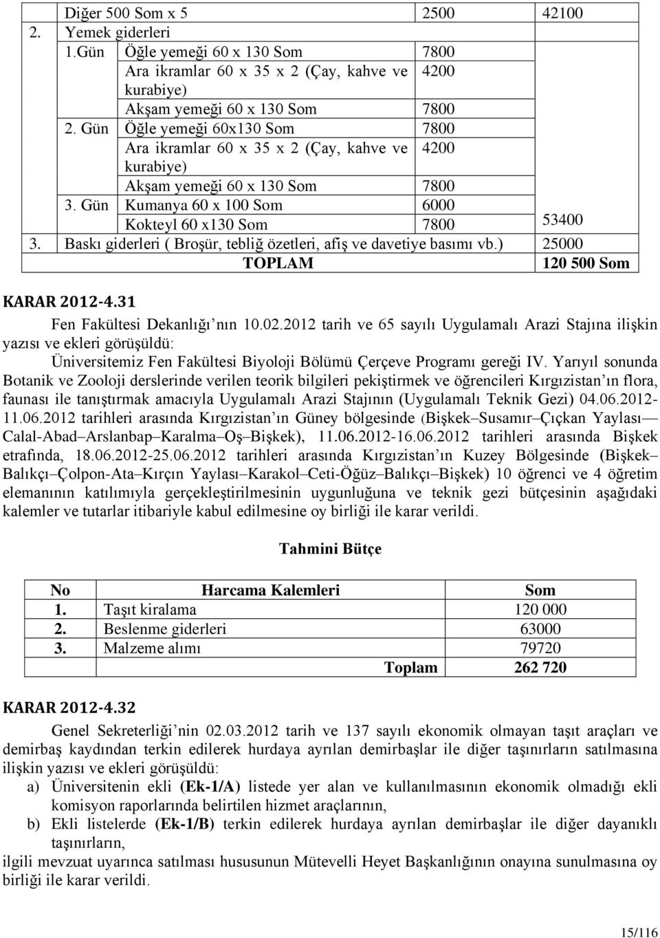 Baskı giderleri ( Broşür, tebliğ özetleri, afiş ve davetiye basımı vb.) 25000 TOPLAM 120 500 Som KARAR 2012-4.31 Fen Fakültesi Dekanlığı nın 10.02.