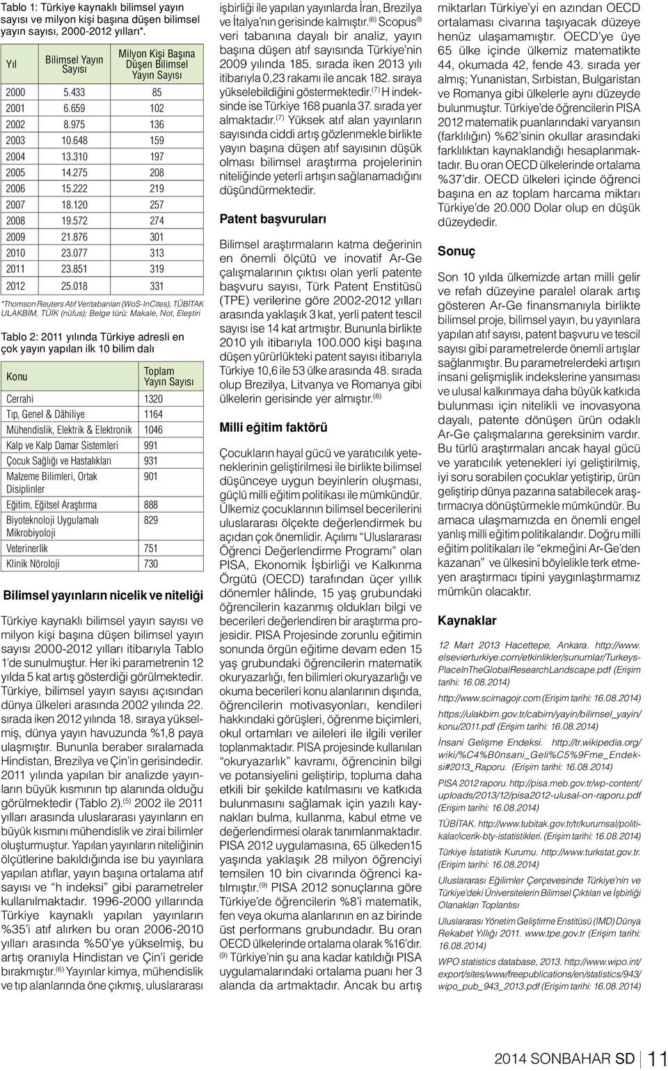 018 331 *Thomson Reuters Atıf Veritabanları (WoS-InCites), TÜBİTAK ULAKBİM, TÜİK (nüfus); Belge türü: Makale, Not, Eleştiri Tablo 2: 2011 yılında Türkiye adresli en çok yayın yapılan ilk 10 bilim