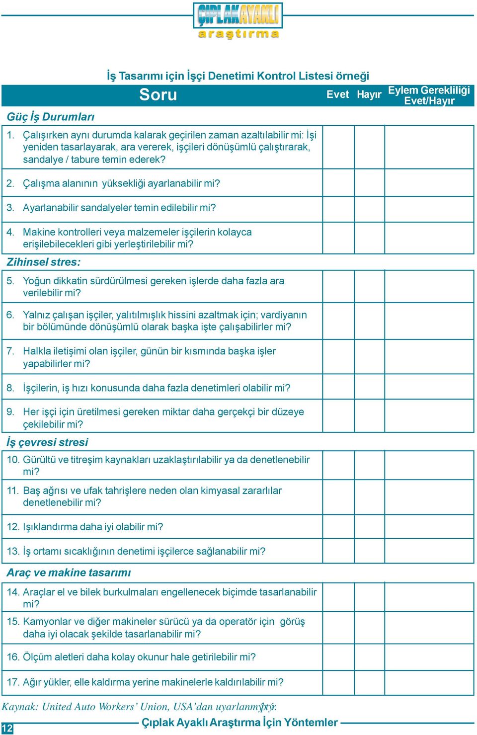 Eylem Gerekliliði Evet/Hayýr 2. Çalýþma alanýnýn yüksekliði ayarlanabilir mi? 3. Ayarlanabilir sandalyeler temin edilebilir mi? 4.