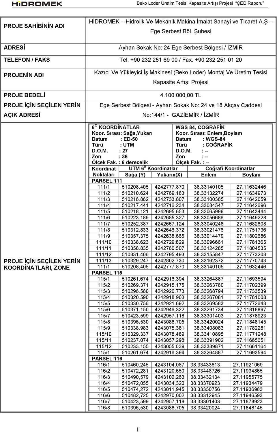 YERİN KOORDİNATLARI, ZONE Kazıcı Ve Yükleyici İş Makinesi (Beko Loder) Montaj Ve Üretim Tesisi Kapasite Artışı Projesi 4.100.