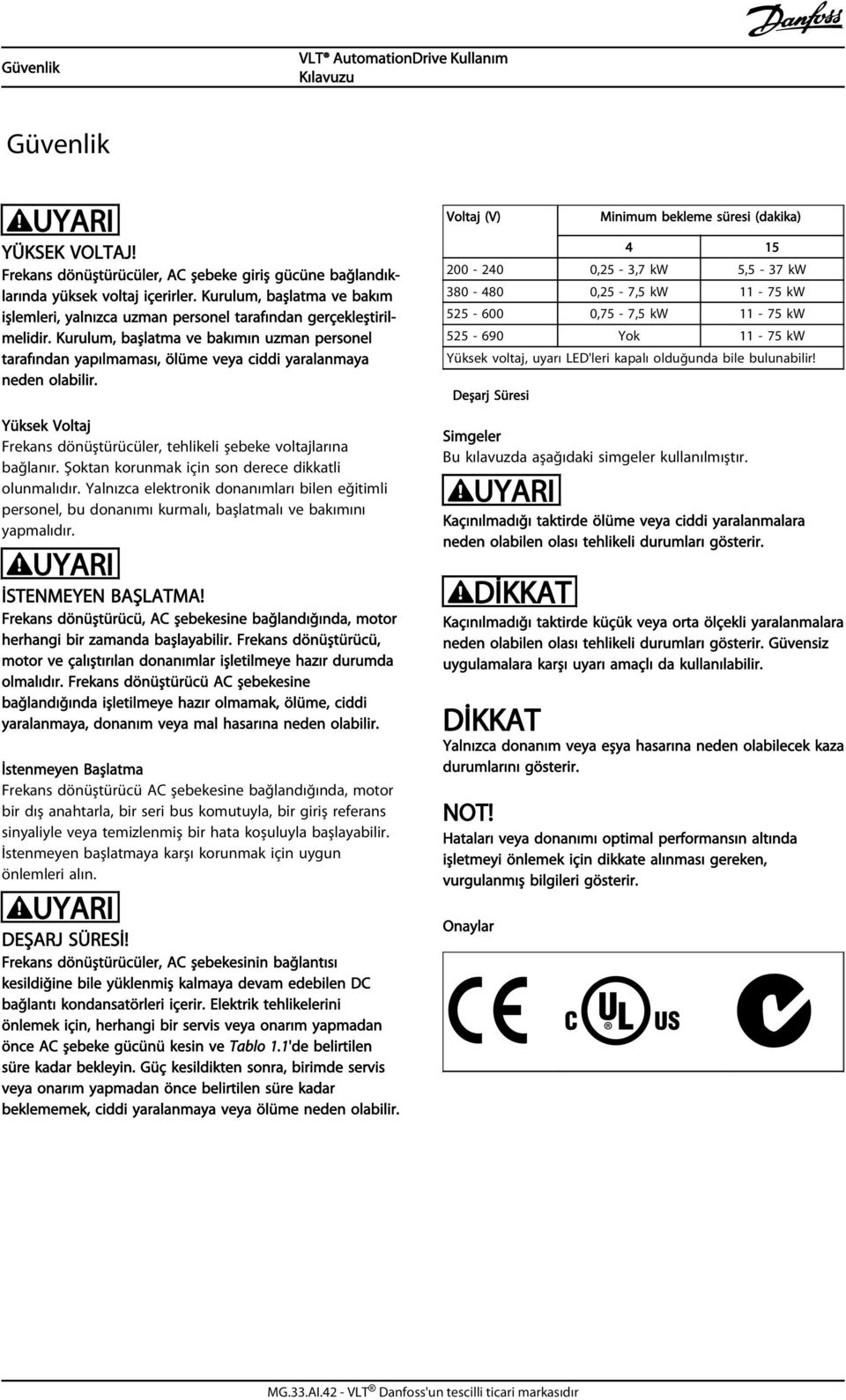 Kurulum, başlatma ve bakımın uzman personel tarafından yapılmaması, ölüme veya ciddi yaralanmaya neden olabilir. Yüksek Voltaj Frekans dönüştürücüler, tehlikeli şebeke voltajlarına bağlanır.