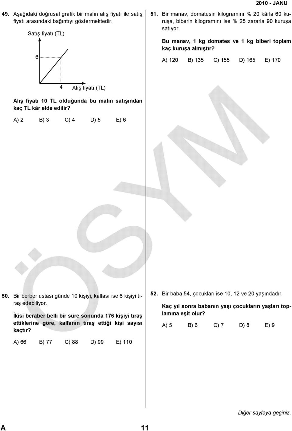 A) 10 B) 15 C) 155 D) 165 E) 170 4 Alış fiyatı (TL) Alış fiyatı 10 TL olduğunda bu malın satışından kaç TL kâr elde edilir? A) B) C) 4 D) 5 E) 6 50.