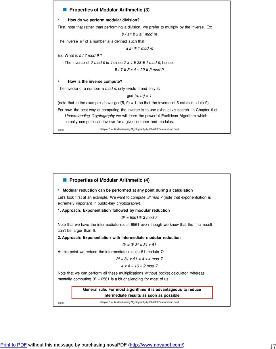 The inverse of 7 mod 9 is 4 since 7 x 4 28 1 mod 9, hence: 5 / 7 5 x 4 = 20 2 mod 9 How is the inverse compute?