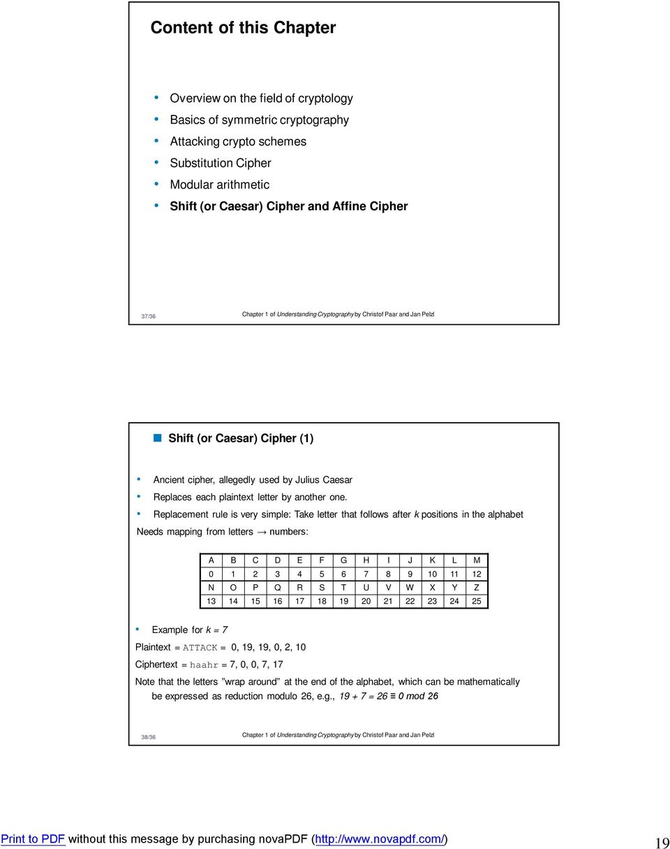 Replacement rule is very simple: Take letter that follows after k positions in the alphabet Needs mapping from letters numbers: A B C D E F G H I J K L M 0 1 2 3 4 5 6 7 8 9 10 11 12 N O P Q R S T U