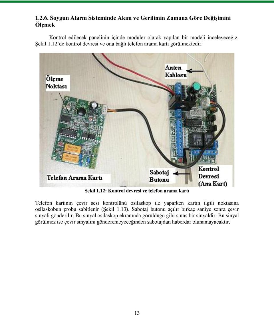 12: Kontrol devresi ve telefon arama kartı Telefon kartının çevir sesi kontrolünü osilaskop ile yaparken kartın ilgili noktasına osilaskobun probu sabitlenir