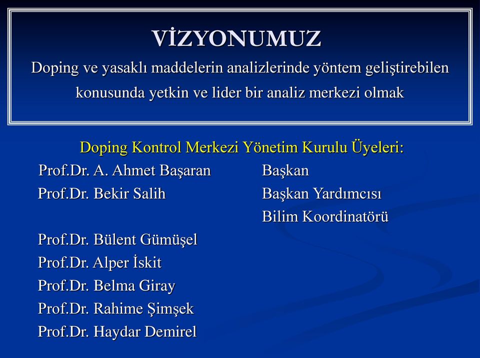 Ahmet Başaran Başkan Prof.Dr. Bekir Salih Başkan Yardımcısı Bilim Koordinatörü Prof.Dr. Bülent Gümüşel Prof.