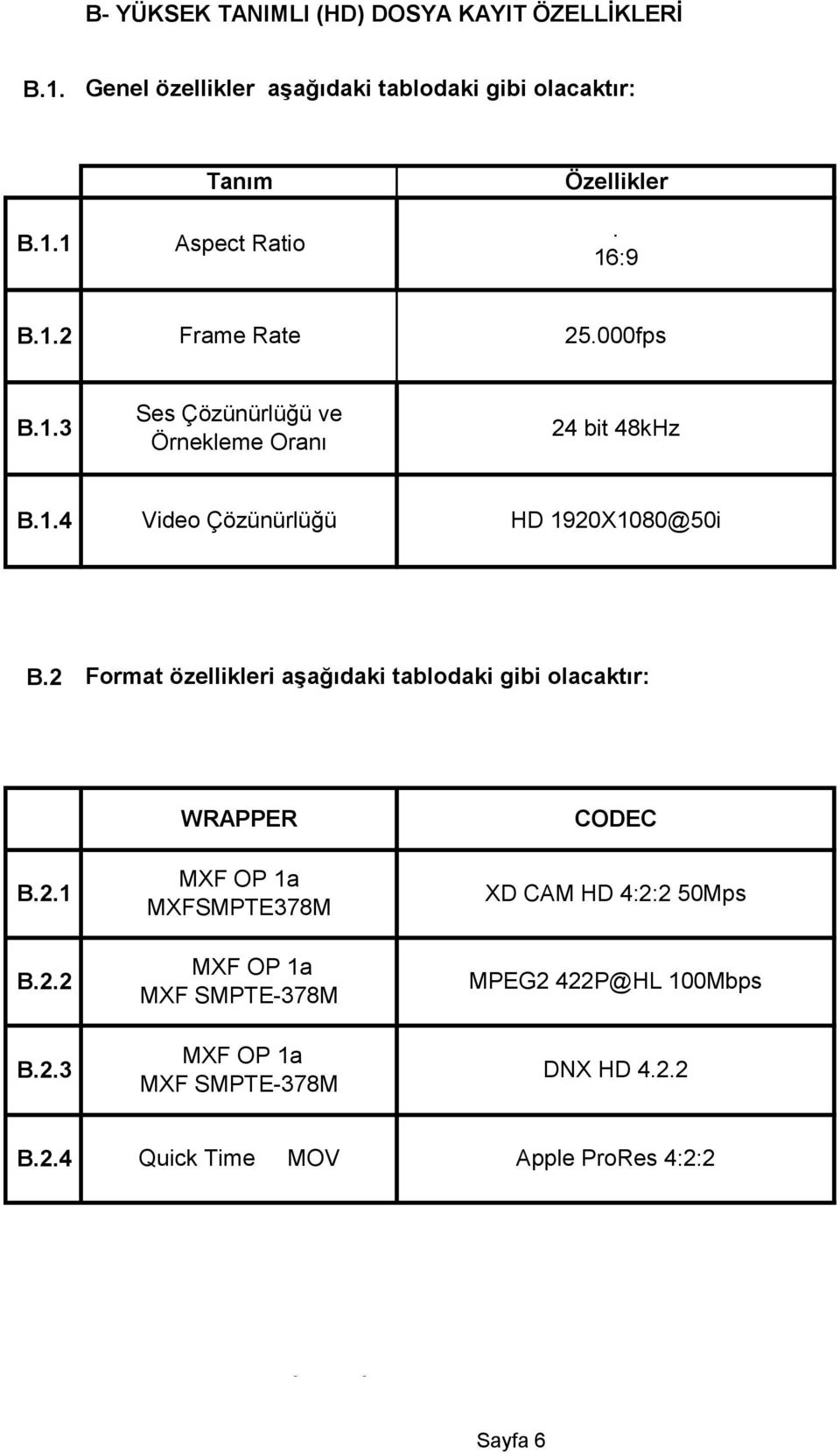 2 Format özellikleri aşağıdaki tablodaki gibi olacaktır: B.2.1 B.2.2 B.2.3 WRAPPER MXF OP 1a MXFSMPTE378M MXF OP 1a MXF SMPTE-378M MXF OP