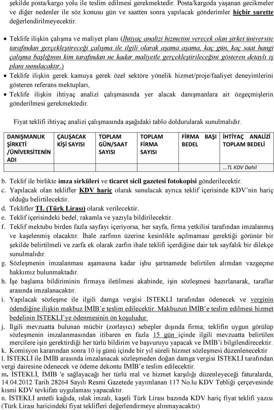 Teklife ilişkin çalışma ve maliyet planı (İhtiyaç analizi hizmetini verecek olan şirket/üniversite tarafından gerçekleştireceği çalışma ile ilgili olarak aşama aşama, kaç gün, kaç saat hangi çalışma