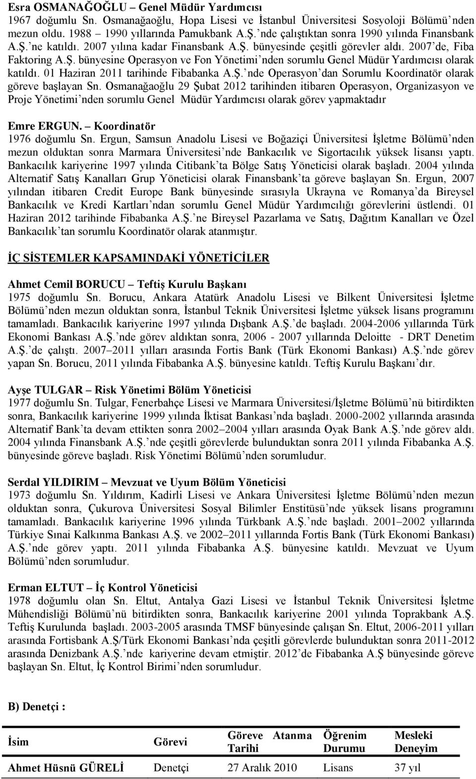 01 Haziran 2011 tarihinde Fibabanka A.Ş. nde Operasyon dan Sorumlu Koordinatör olarak göreve başlayan Sn.