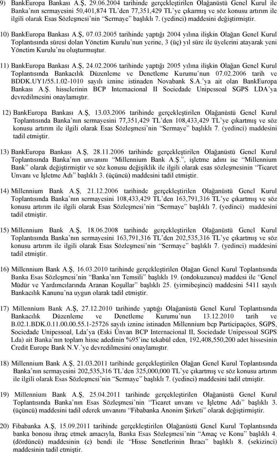 başlıklı 7. (yedinci) maddesini değiştirmiştir. 10) BankEuropa Bankası A.Ş, 07.03.