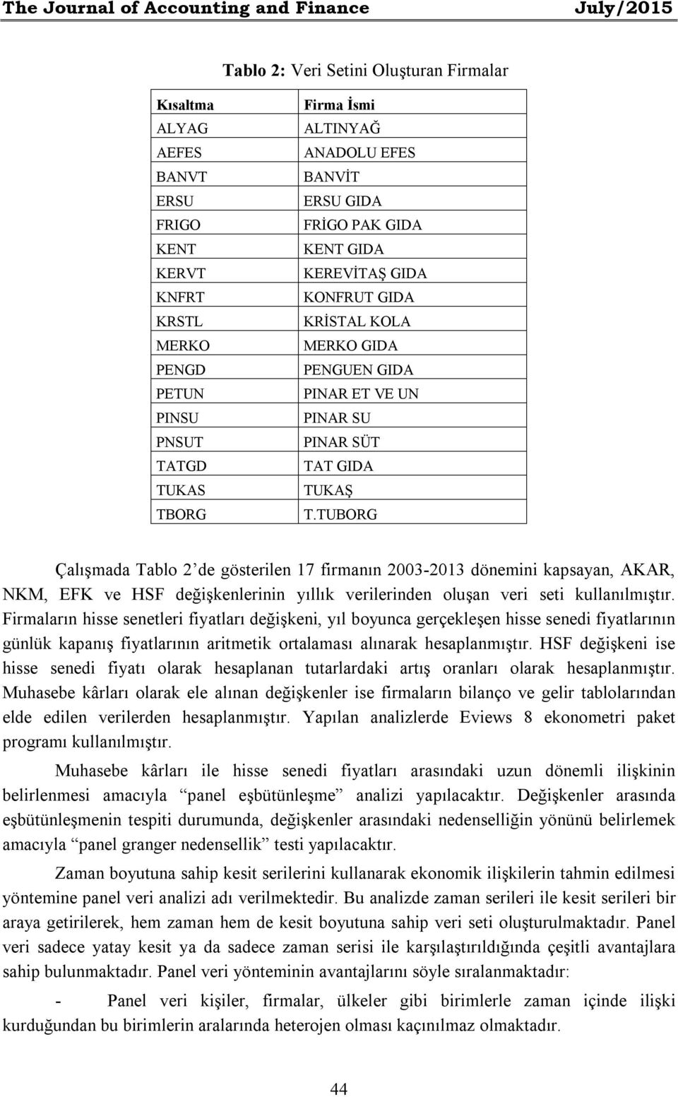 TUBORG Çalışmada Tablo 2 de gösterilen 17 firmanın 2003-2013 dönemini kapsayan, AKAR, NKM, EFK ve HSF değişkenlerinin yıllık verilerinden oluşan veri seti kullanılmıştır.