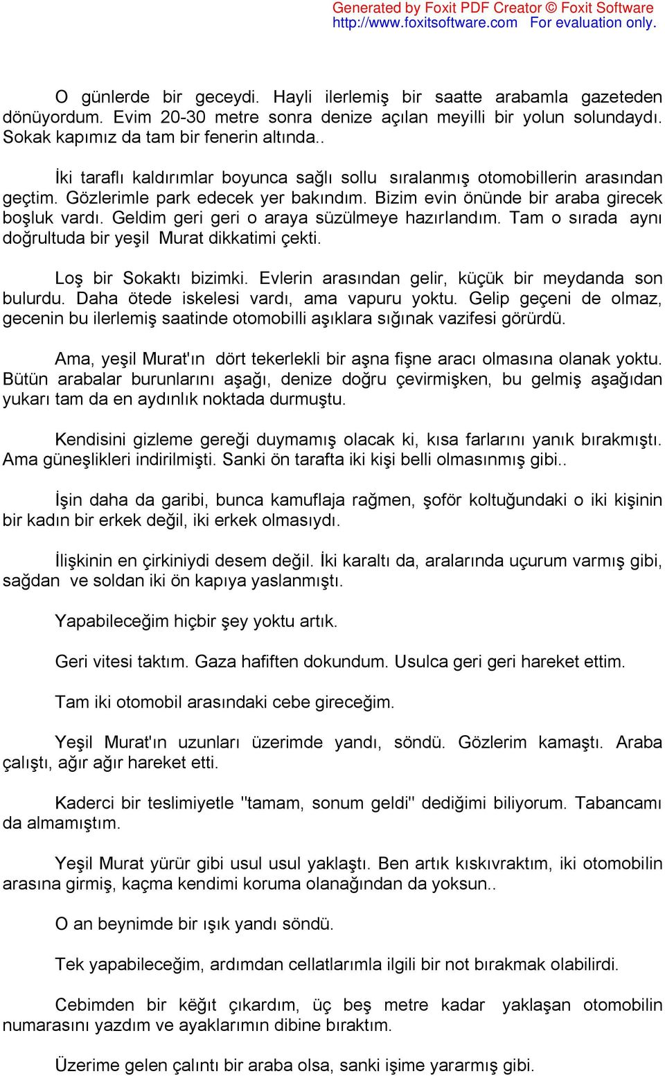 Geldim geri geri o araya süzülmeye hazırlandım. Tam o sırada aynı doğrultuda bir yeşil Murat dikkatimi çekti. Loş bir Sokaktı bizimki. Evlerin arasından gelir, küçük bir meydanda son bulurdu.