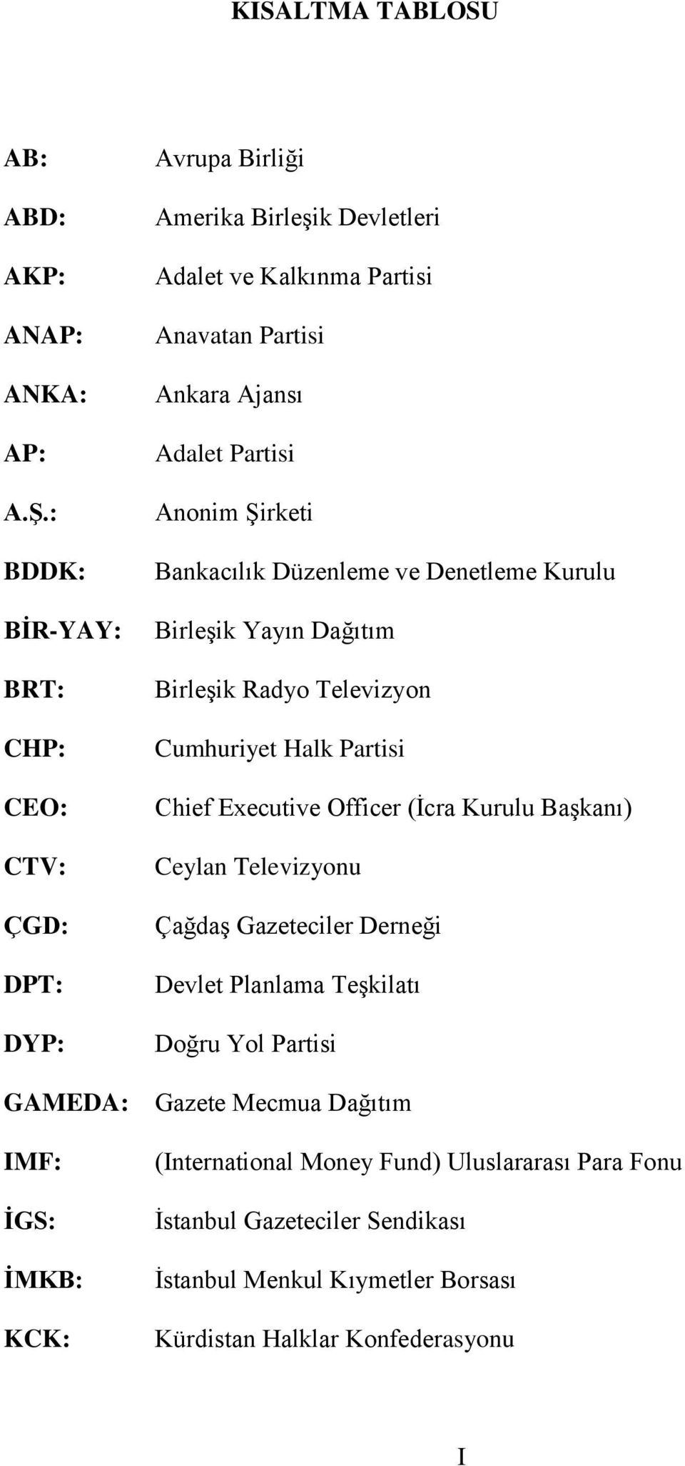 Ankara Ajansı Adalet Partisi Anonim Şirketi Bankacılık Düzenleme ve Denetleme Kurulu Birleşik Yayın Dağıtım Birleşik Radyo Televizyon Cumhuriyet Halk Partisi Chief