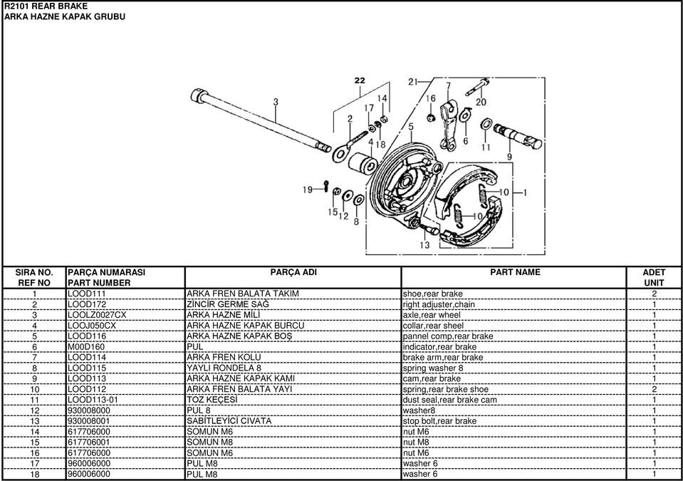 RONDELA 8 spring washer 8 9 LOOD3 ARKA HAZNE KAPAK KAMI cam,rear brake 0 LOOD ARKA FREN BALATA YAYI spring,rear brake shoe LOOD3-0 TOZ KEÇESİ dust seal,rear brake cam 930008000 PUL 8