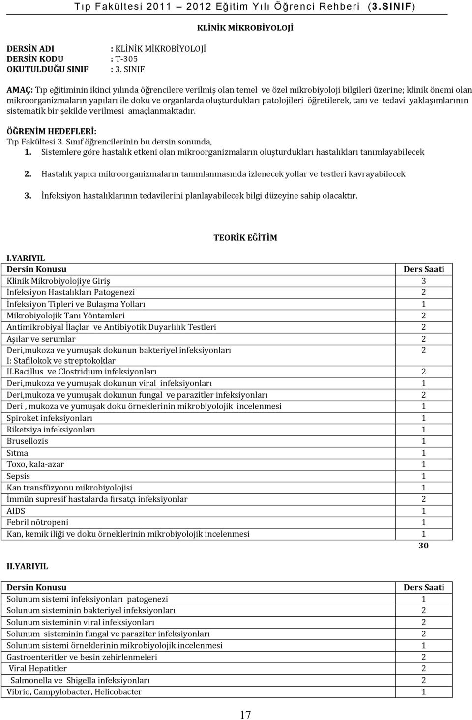 organlarda oluşturdukları patolojileri öğretilerek, tanı ve tedavi yaklaşımlarının sistematik bir şekilde verilmesi amaçlanmaktadır. ÖĞRENİM HEDEFLERİ: Tıp Fakültesi 3.