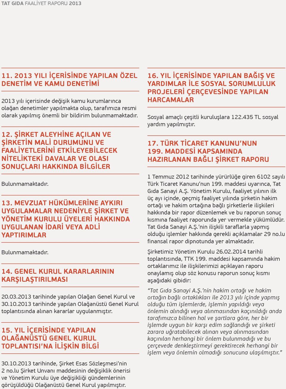 12. ŞIRKET ALEYHINE AÇILAN VE ŞIRKETIN MALI DURUMUNU VE FAALIYETLERINI ETKILEYEBILECEK NITELIKTEKI DAVALAR VE OLASI SONUÇLARI HAKKINDA BILGILER Bulunmamaktadır. 13.