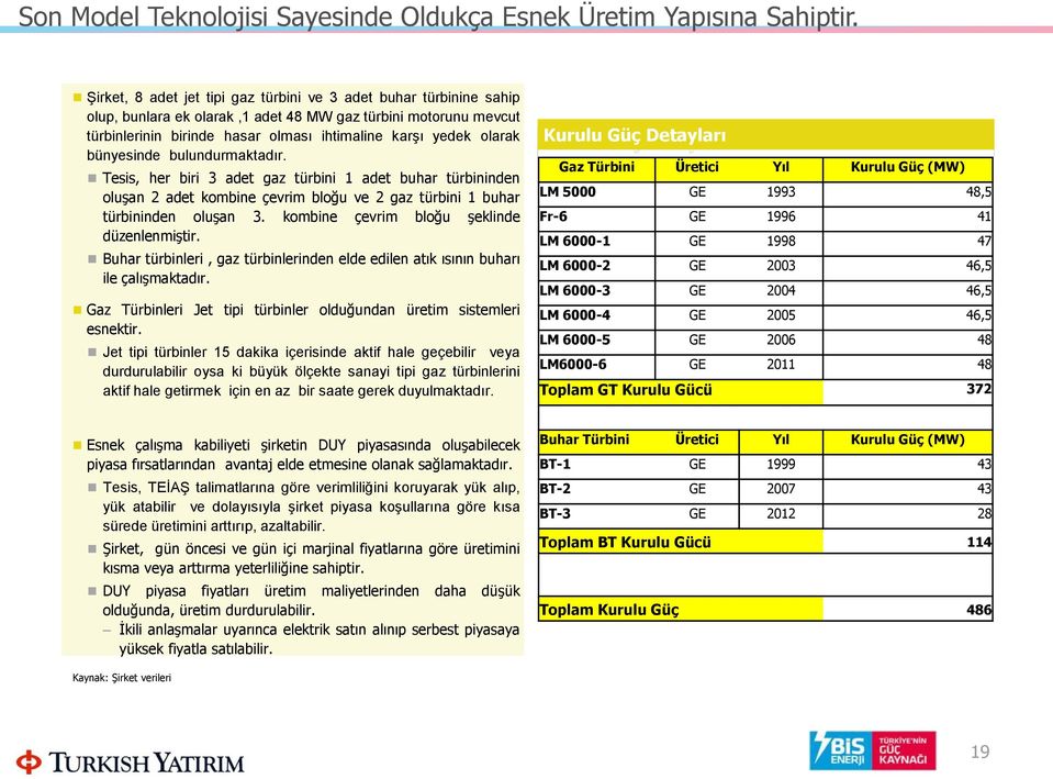 bünyesinde bulundurmaktadır. Tesis, her biri 3 adet gaz türbini 1 adet buhar türbininden oluşan 2 adet kombine çevrim bloğu ve 2 gaz türbini 1 buhar türbininden oluşan 3.