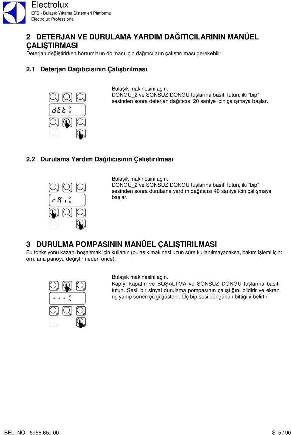 DÖNGÜ_2 ve SONSUZ DÖNGÜ tuşlarına basılı tutun, iki bip sesinden sonra deterjan dağıtıcısı 20 saniye için çalışmaya başlar. 2.2 Durulama Yardım Dağıtıcısının Çalıştırılması Bulaşık makinesini açın.