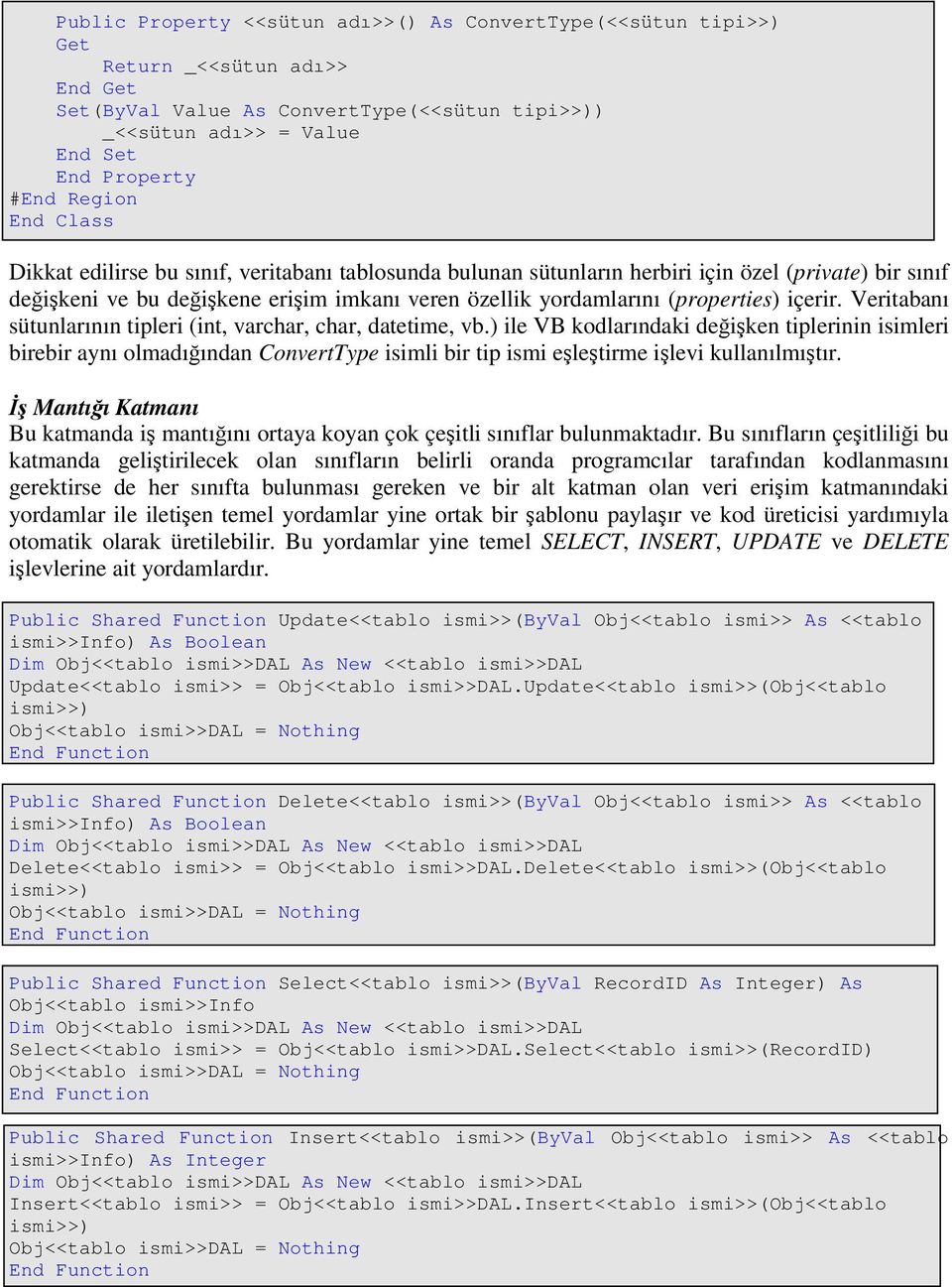 içerir. Veritabanı sütunlarının tipleri (int, varchar, char, datetime, vb.