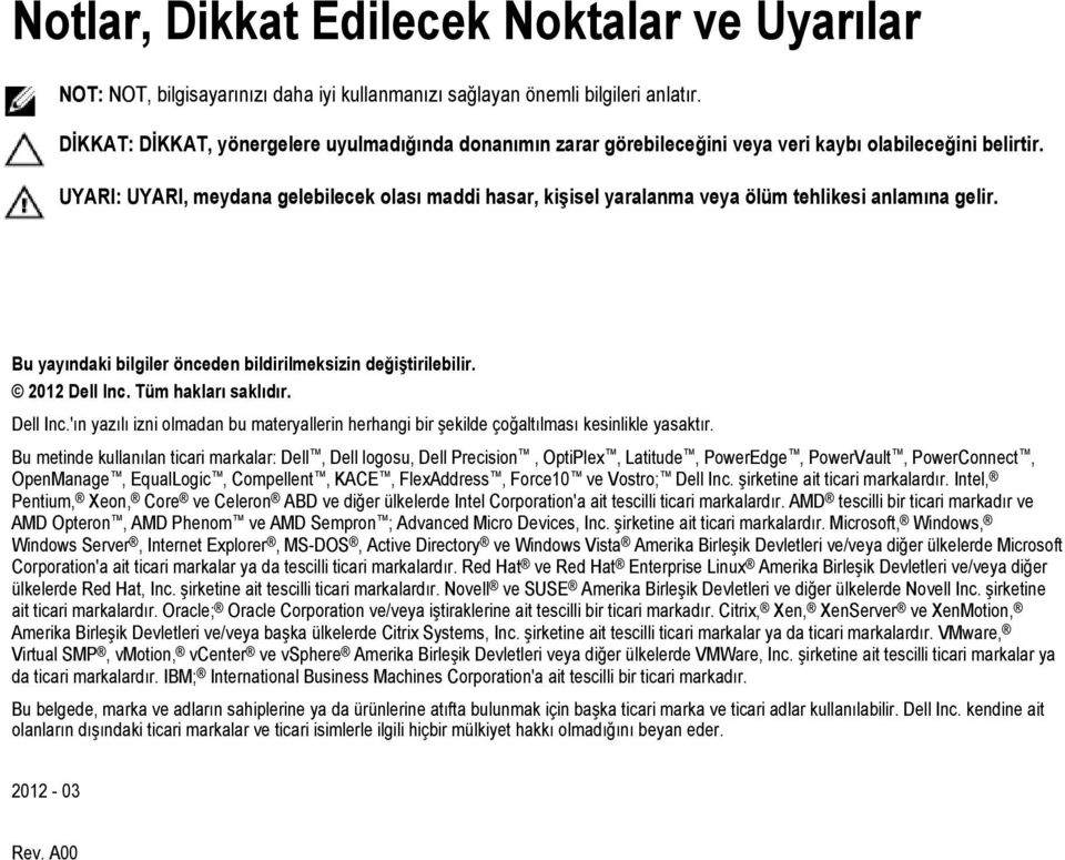 UYARI: UYARI, meydana gelebilecek olası maddi hasar, kişisel yaralanma veya ölüm tehlikesi anlamına gelir. Bu yayındaki bilgiler önceden bildirilmeksizin değiştirilebilir. 2012 Dell Inc.