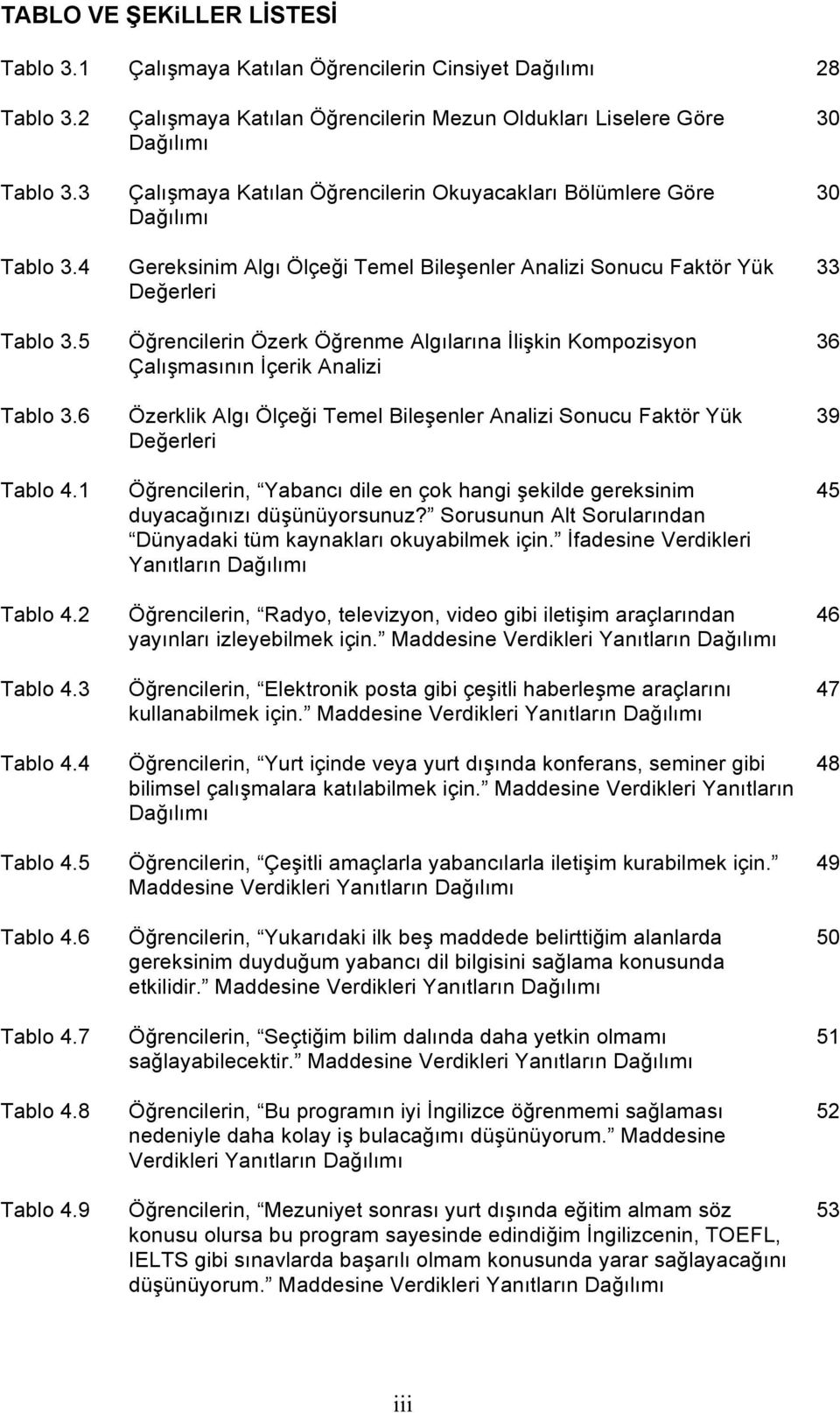 9 Çalışmaya Katılan Öğrencilerin Mezun Oldukları Liselere Göre Dağılımı Çalışmaya Katılan Öğrencilerin Okuyacakları Bölümlere Göre Dağılımı Gereksinim Algı Ölçeği Temel Bileşenler Analizi Sonucu