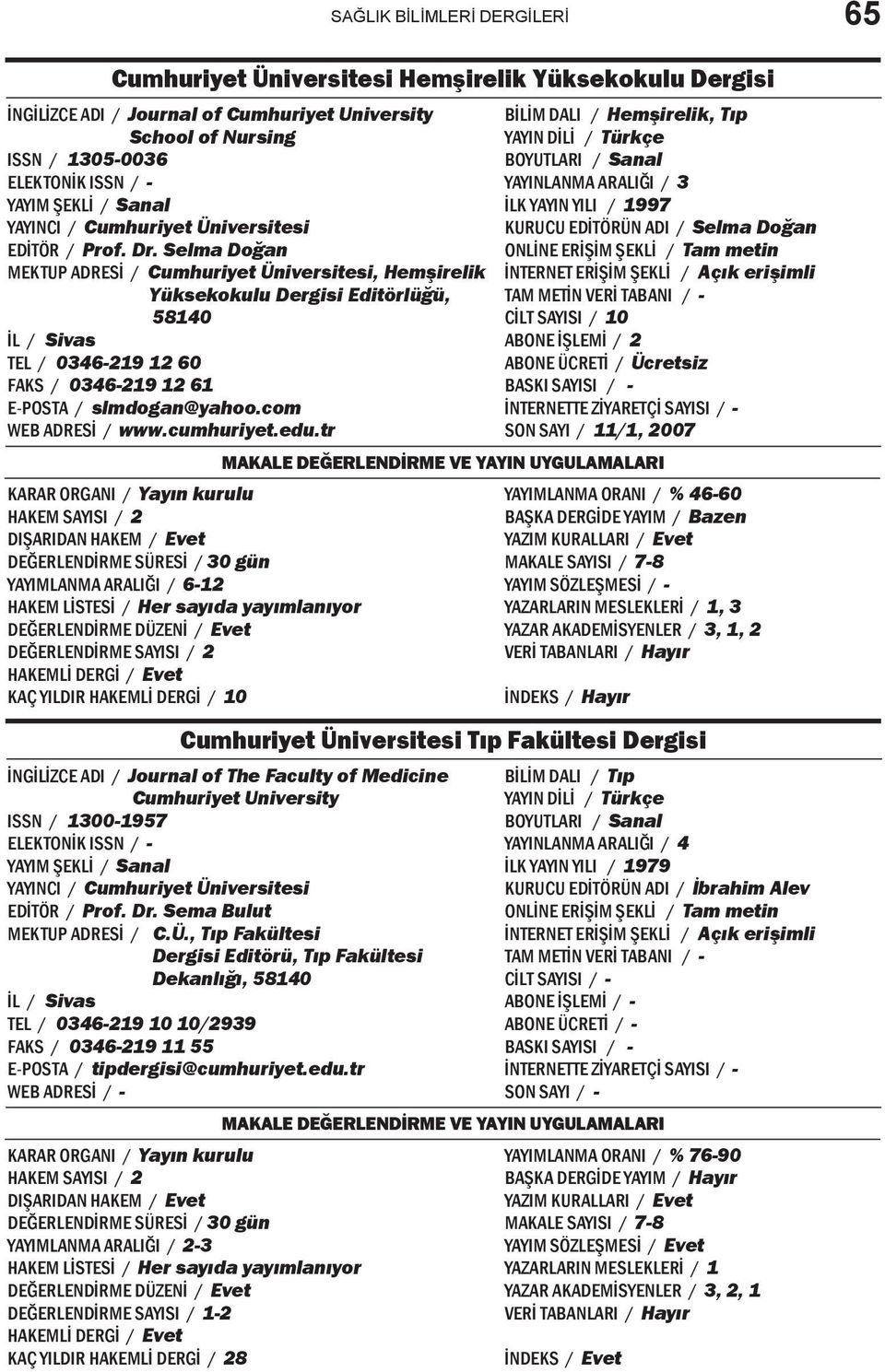 Selma Doğan MEKTUP ADRESİ / Cumhuriyet Üniversitesi, Hemşirelik Yüksekokulu Dergisi Editörlüğü, 58140 İL / Sivas TEL / 0346-219 12 60 FAKS / 0346-219 12 61 E-POSTA / slmdogan@yahoo.