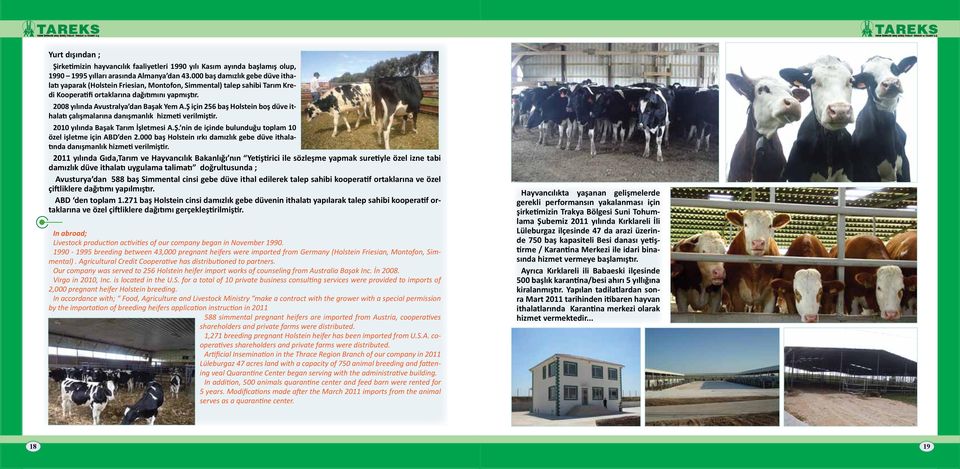 Ş için 256 baş Holstein boş düve ithalatı çalışmalarına danışmanlık hizmeti verilmiştir. 2010 yılında Başak Tarım İşletmesi A.Ş. nin de içinde bulunduğu toplam 10 özel işletme için ABD den 2.