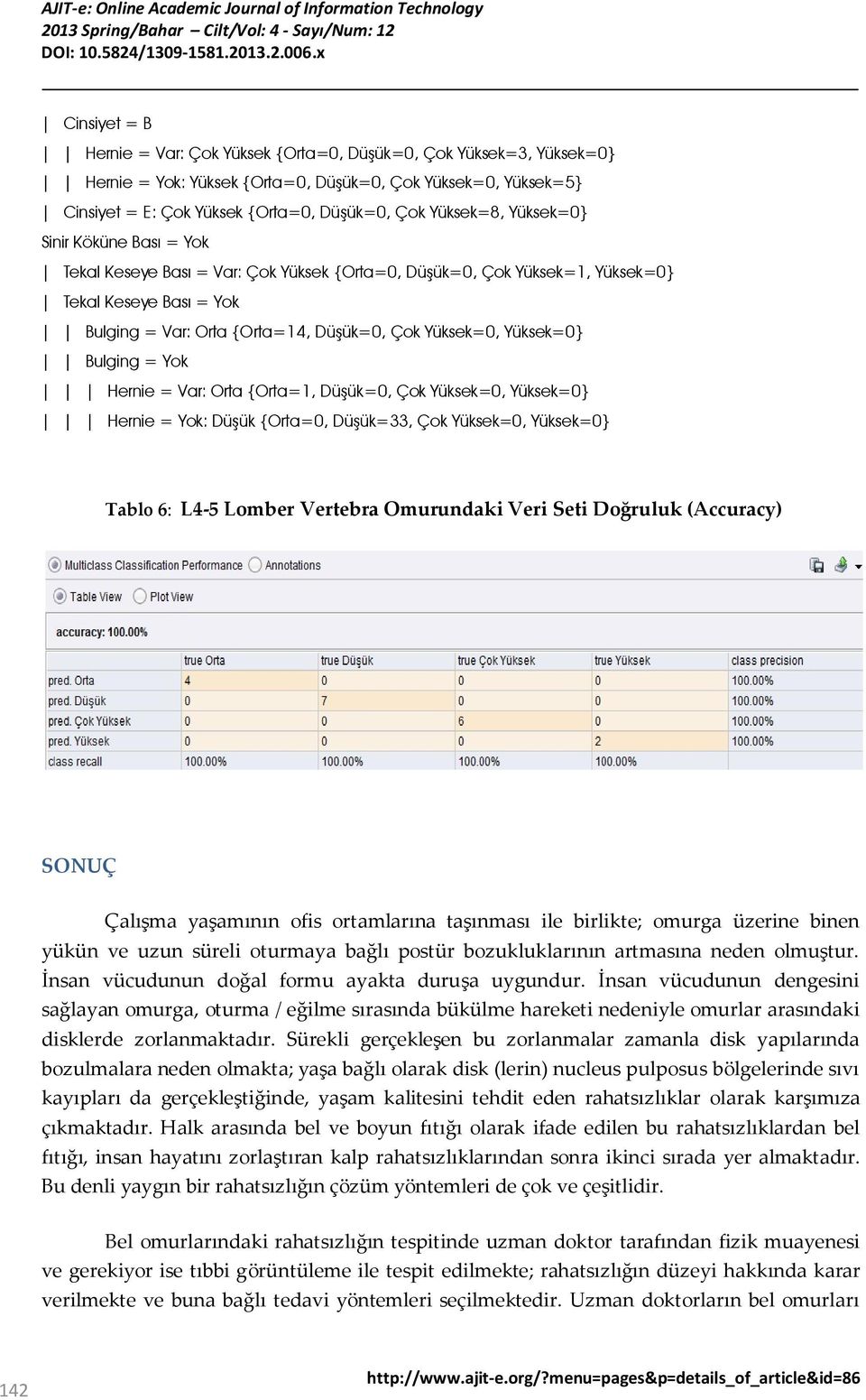 Bulging = Yok Hernie = Var: Orta {Orta=1, Düşük=0, Çok Yüksek=0, Yüksek=0} Hernie = Yok: Düşük {Orta=0, Düşük=33, Çok Yüksek=0, Yüksek=0} Tablo 6: L4-5 Lomber Vertebra Omurundaki Veri Seti Doğruluk