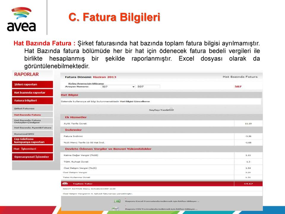 Hat Bazında fatura bölümüde her bir hat için ödenecek fatura bedeli